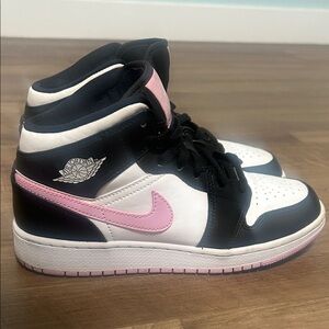 Air Jordan 1. Black and Pink High-Top Sneakers. Youth 6.0